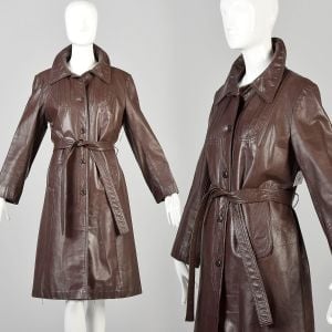 Large 1970s Chocolate Brown Leather Belted Trench Coat