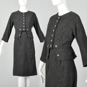 Small 1960s Galanos Dress Set Wool Tweed Gray Autumn Ensemble 