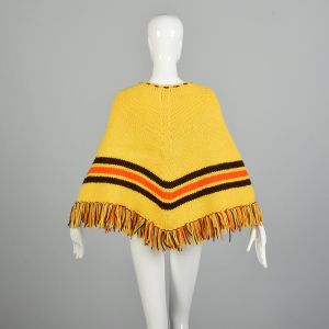 OSFM 1970s Hand Knit Poncho Fall Colors Pom Pom's Fringe Hippe Boho Look - Fashionconservatory.com