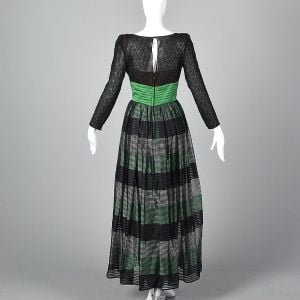 Small 1970s Mignon Black Dress Emerald Green Formal Gown - Fashionconservatory.com