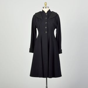 M/L | Black Wool 1950s Princess Coat with Faux Persian Trim