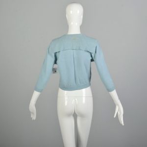 Small 1950s Powder Blue Cashmere Sweater Sailor Collar Arrow Embellishments AS IS - Fashionconservatory.com