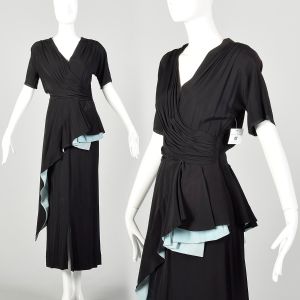 Small 1940s Dress Frank Starr Black Evening Gown Rayon Asymmetric Peplum Sash 