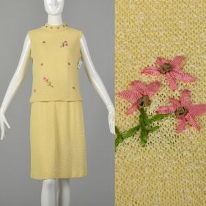 Medium 1960s Yellow Knit Outfit Sleeveless Top and Skirt Spring Ensemble