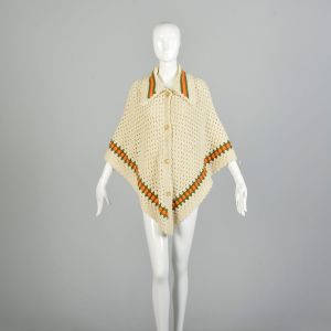 OSFM 1970s Bohemian Cardigan Poncho Crocheted Hippie Wrap