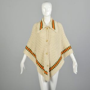 OSFM 1970s Bohemian Cardigan Poncho Crocheted Hippie Wrap