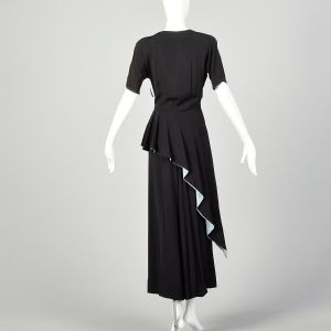 Small 1940s Dress Frank Starr Black Evening Gown Rayon Asymmetric Peplum Sash  - Fashionconservatory.com