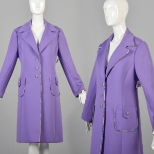 Large 1970s Lilli Ann Purple Day Coat with Floral Piping and Enamel Buttons