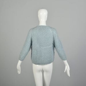 Medium 1960s Light Blue Wool Knit Cardigan Sweater Bohemian Thrashed AS IS - Fashionconservatory.com