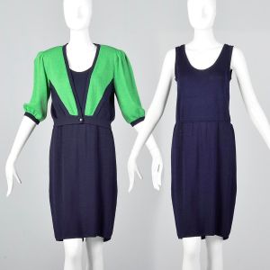 M-L 1980s Navy Blue Green Knit Set Sleeveless Dress Mod Color Block Jacket St. Johns 2-Piece Outfit
