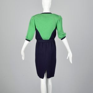 M-L 1980s Navy Blue Green Knit Set Sleeveless Dress Mod Color Block Jacket St. Johns 2-Piece Outfit - Fashionconservatory.com