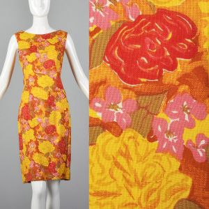 Small 1960s Bright Orange Shift Dress Vibrant Floral Print Sleeveless Summer Lightweight 