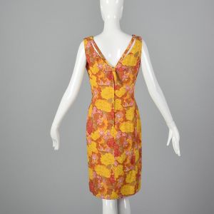 Small 1960s Bright Orange Shift Dress Vibrant Floral Print Sleeveless Summer Lightweight  - Fashionconservatory.com