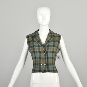 Small 1970s Plaid Wool Vest Autumn Separates Green Gray Brown 