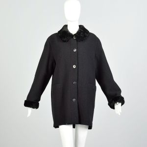 Large 2000s Black Wool Buttoned Coat with Faux Fur Cuffs and Collar 