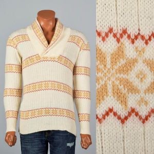 Medium-Large 1970s Mens Cream Sweater Alpine Yellow Red Fair Isle Shawl Collar 