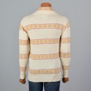 Medium-Large 1970s Mens Cream Sweater Alpine Yellow Red Fair Isle Shawl Collar  - Fashionconservatory.com