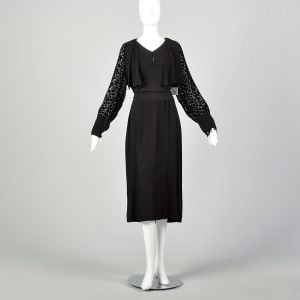 XL 1930s Dress Black Devore Velvet Art Deco Long Sleeve Little Black Dress