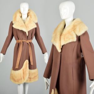 1960s Large Brown Coat Trimmed with Honey Fur at Collar and Hem Winter Coat