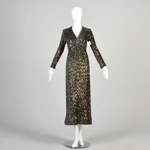 XS 1970s Black Bronze Sequin Dress Silver Lurex Long Sleeve Formal Evening Maxi