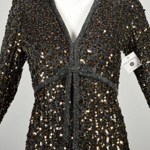 XS 1970s Black Bronze Sequin Dress Silver Lurex Long Sleeve Formal Evening Maxi - Fashionconservatory.com