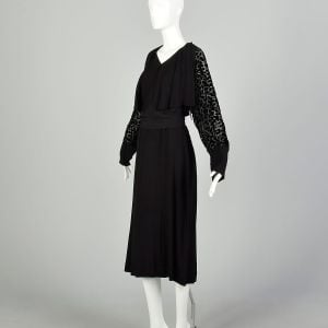 XL 1930s Dress Black Devore Velvet Art Deco Long Sleeve Little Black Dress - Fashionconservatory.com