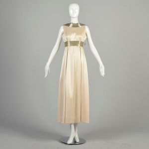 Medium 1960s Cream Satin Dress Ivory Empire Waist Silver Beaded Collar Waistband Evening Gown 