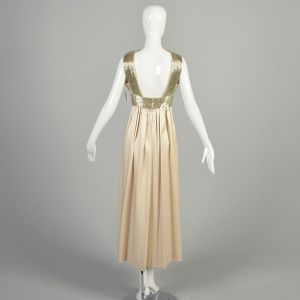 Medium 1960s Cream Satin Dress Ivory Empire Waist Silver Beaded Collar Waistband Evening Gown  - Fashionconservatory.com