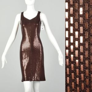 XS 1990s St John Couture Cocktail Mini Dress Sleeveless Knit Brown Paillettes