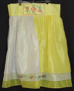 Yellow Half Apron Sheer Pleated Embroidered Flowers Red Roses Yellow Retro