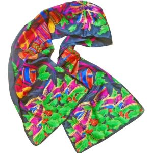 Christmas Silk Scarf, Oblong Shape, Vibrant Multicolor With Metallic Gold ~ REDUCED - Fashionconservatory.com