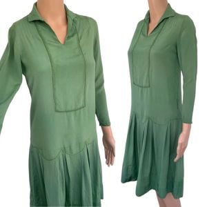 20s Antique Green Dress 1920s XS Pleated Drop Waist