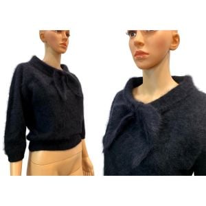 50s Luxe Long Haired Black Angora Sweater w Bow Collar 