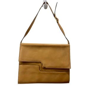 70s Camel Leather Shoulder Bag w/ Brass Detail & Flap Closure