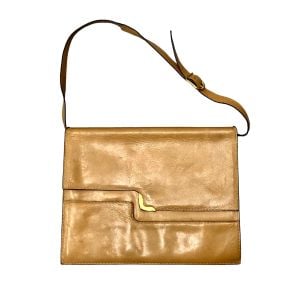 70s Camel Leather Shoulder Bag w/ Brass Detail & Flap Closure