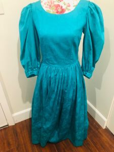 Authentic 1980s Era Vintage Laura Ashley Ever-Green Maxi With Puffed Shoulders And Sleeves