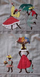 1950s Carawax Crafts Gathered Novelty Skirt, Hand Appliqued People, Made in Jamacia, XS S - Fashionconservatory.com