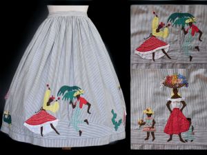 1950s Carawax Crafts Gathered Novelty Skirt, Hand Appliqued People, Made in Jamacia, XS S