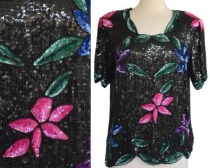 Vintage 80s Sequined Blouse, Black Multicolor Beaded Cocktail Top, Tropical Floral Orchids M L - Fashionconservatory.com