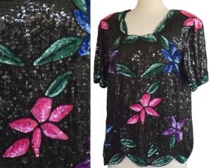 Vintage 80s Sequined Blouse, Black Multicolor Beaded Cocktail Top, Tropical Floral Orchids M L