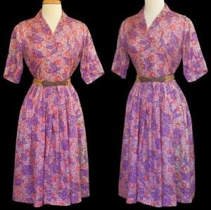 1950s Silk Butterfly Floral Print Shirtwaist Dress, Button Up Shirtdress, Size S Small
