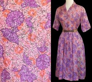 1950s Silk Butterfly Floral Print Shirtwaist Dress, Button Up Shirtdress, Size S Small - Fashionconservatory.com