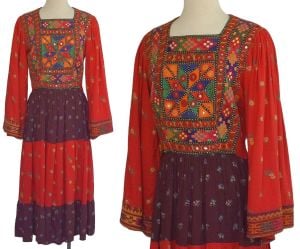 1970s Afghan Mixed Print Midi Dress with Shisha Mirror Work Embroidery Small