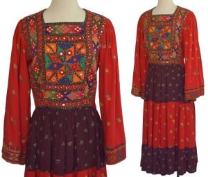 1970s Afghan Mixed Print Midi Dress with Shisha Mirror Work Embroidery Small - Fashionconservatory.com