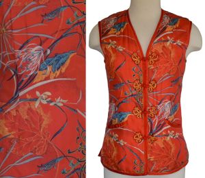90s Peony Brand Red Silk Satin Abstract Print Asian Silk Vest, Made in Shanghai China, Size XS