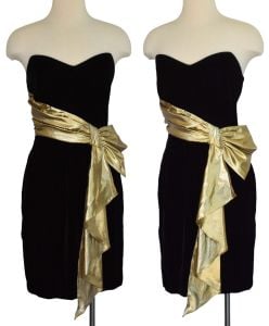 1980s Strapless Black Velvet Cocktail Dress with Gold Lame Pleated Bow, Size XXS - Fashionconservatory.com