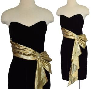 1980s Strapless Black Velvet Cocktail Dress with Gold Lame Pleated Bow, Size XXS