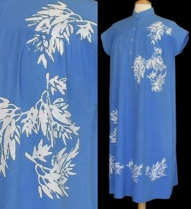 1970s Cotton Day Dress, Blue and White Tropical Print, , Size L to XL - Fashionconservatory.com