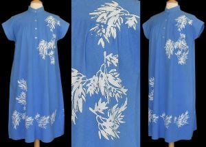 1970s Cotton Day Dress, Blue and White Tropical Print, , Size L to XL