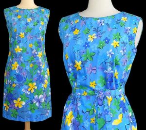 1960s Blue Hawaiian Sleeveless Dress, Made in Hawaii for Andrade Honolulu, Size M Medium